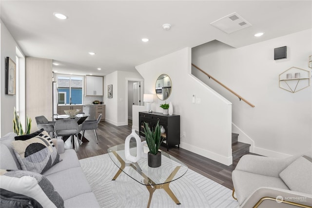 living room with dark wood-type flooring and sink