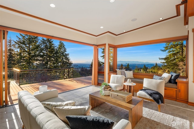 view of patio / terrace featuring outdoor lounge area and a mountain view