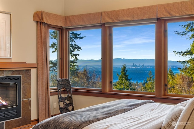 bedroom with heating unit, multiple windows, and a water and mountain view