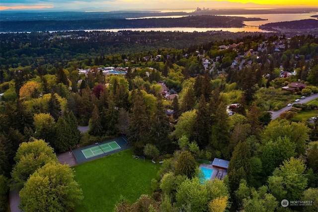 aerial view at dusk with a water view