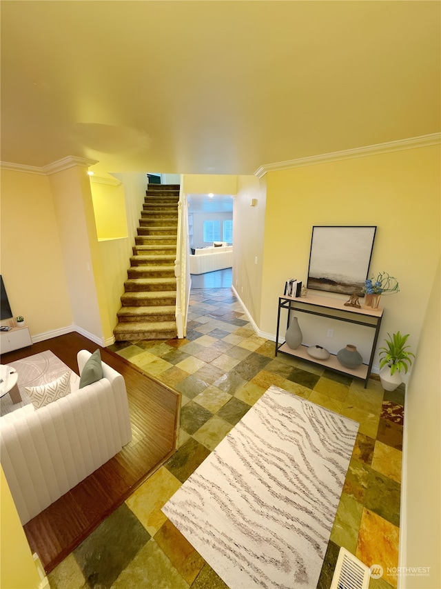 living room with crown molding