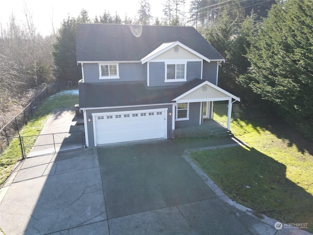 view of front of property with a garage, a porch, and a front lawn