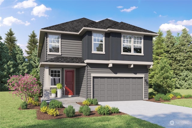 view of property with a garage and a front yard