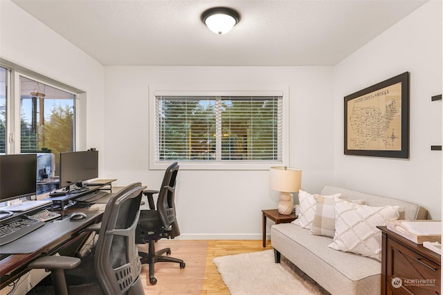 office space featuring light hardwood / wood-style floors and a textured ceiling