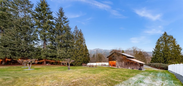 view of yard featuring a mountain view and an outbuilding