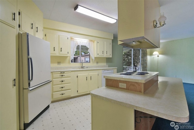 kitchen featuring sink, white appliances, cream cabinetry, and island exhaust hood