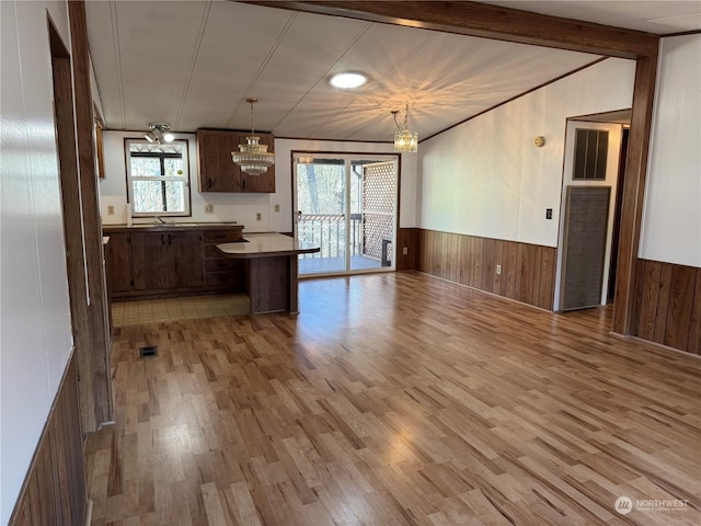 kitchen with hanging light fixtures, dark brown cabinetry, and light hardwood / wood-style floors