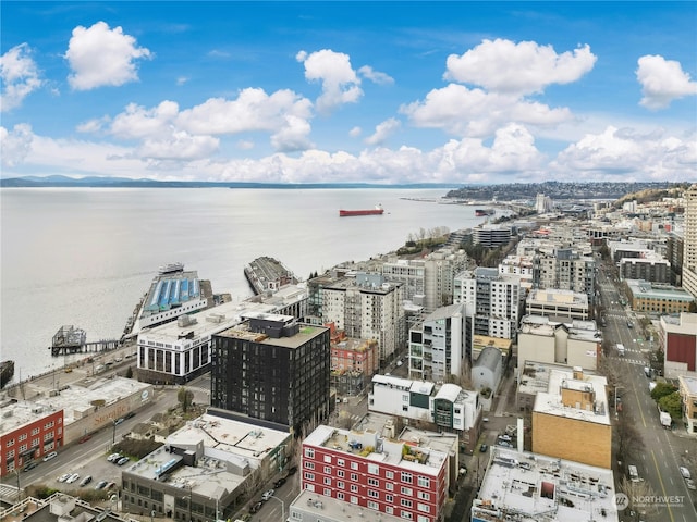 drone / aerial view featuring a water view