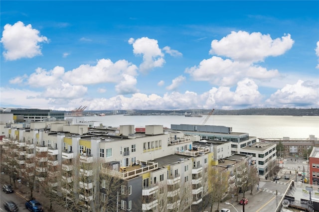 birds eye view of property featuring a water view