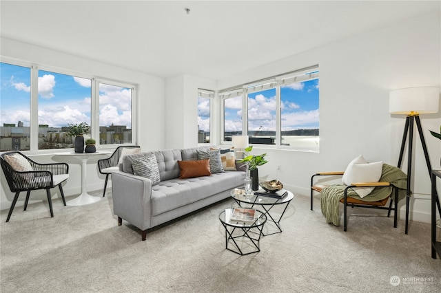 living room featuring light colored carpet