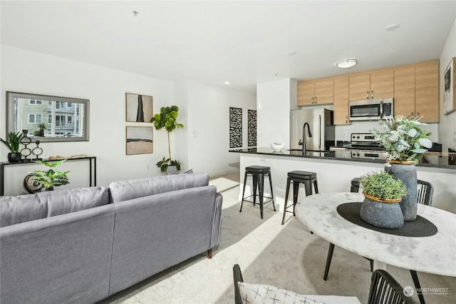 living room with light carpet and sink