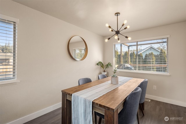 dining room featuring dark hardwood / wood-style floors and a chandelier