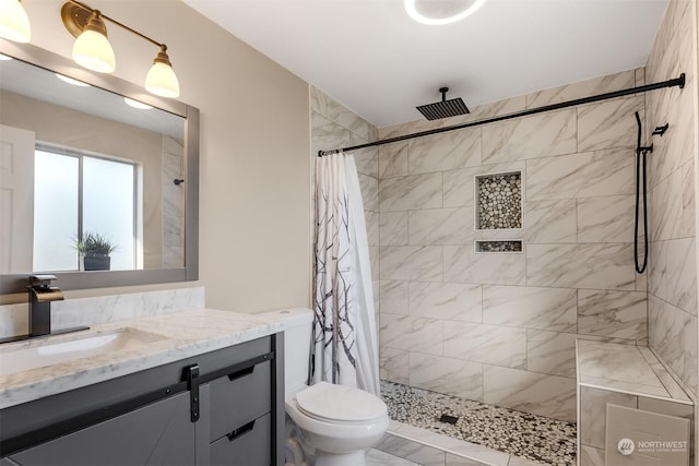 bathroom featuring vanity, toilet, and a shower with curtain