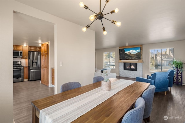 dining room featuring dark hardwood / wood-style floors and an inviting chandelier