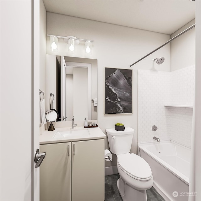 full bathroom with bathing tub / shower combination, vanity, tile patterned floors, and toilet