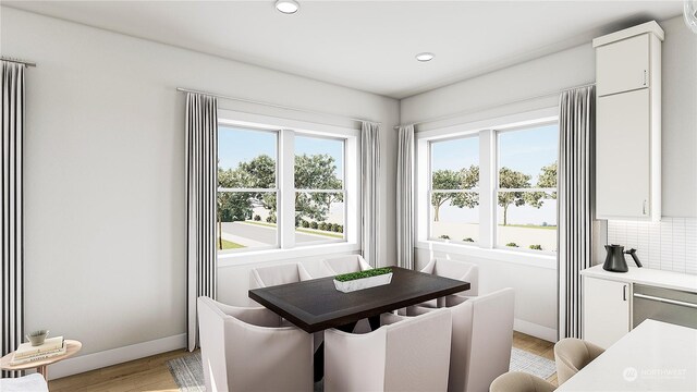 dining space featuring plenty of natural light and light hardwood / wood-style flooring