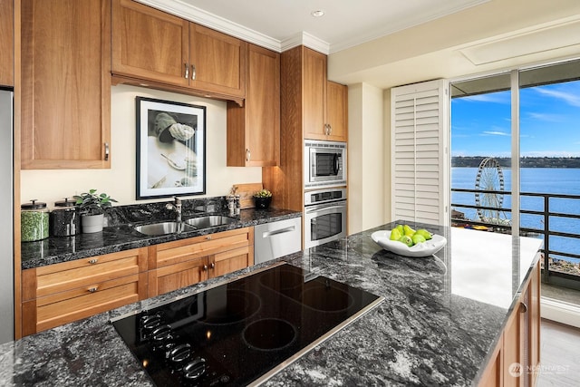 kitchen with appliances with stainless steel finishes, sink, dark stone counters, ornamental molding, and a water view