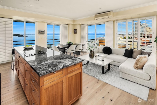 kitchen featuring ornamental molding, a water view, an AC wall unit, and dark stone counters