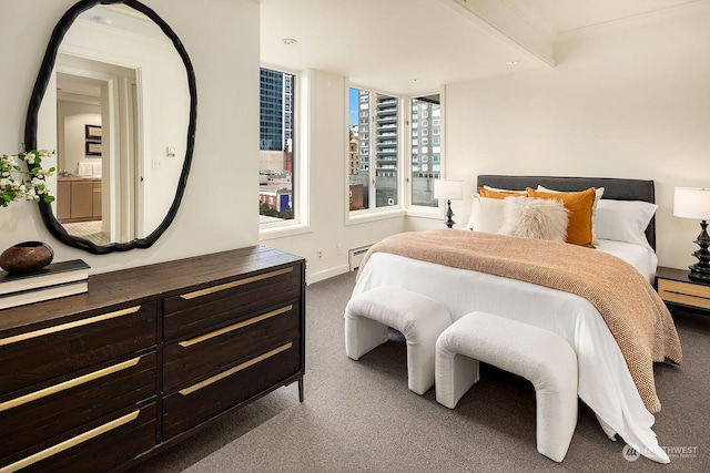 bedroom with crown molding, carpet flooring, and baseboard heating