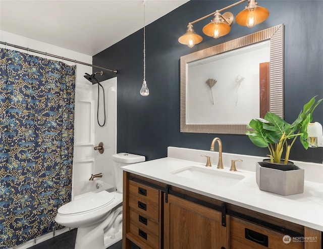 full bathroom with vanity, toilet, and shower / bath combo with shower curtain