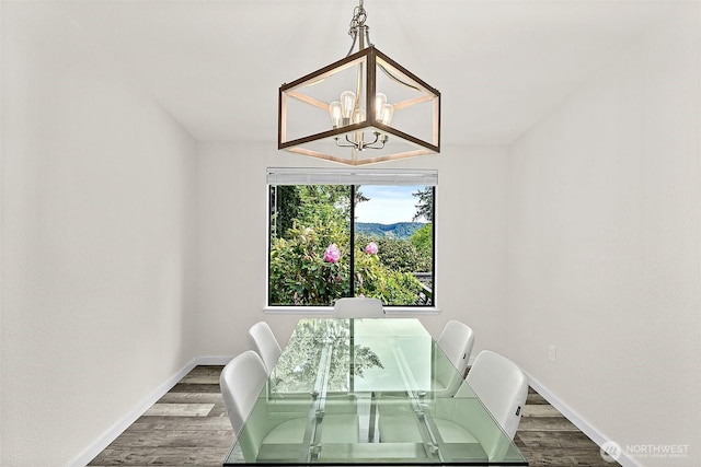 dining room with baseboards, an inviting chandelier, and wood finished floors