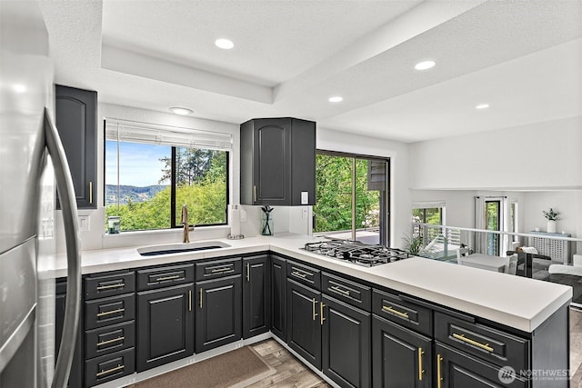 kitchen with gas cooktop, light wood finished floors, a peninsula, freestanding refrigerator, and a sink