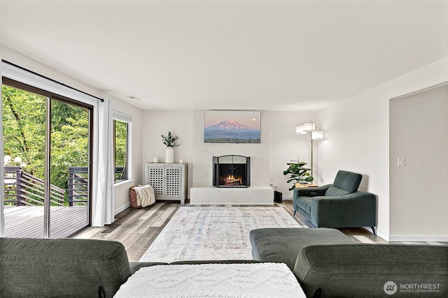 living area with a warm lit fireplace, baseboards, and wood finished floors