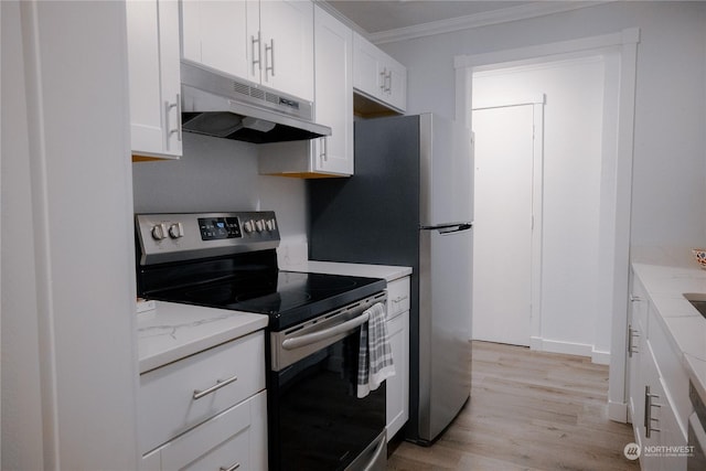 kitchen featuring crown molding, light hardwood / wood-style flooring, white cabinetry, light stone countertops, and stainless steel electric range oven