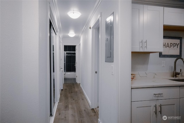 hall with crown molding, sink, electric panel, and light hardwood / wood-style floors