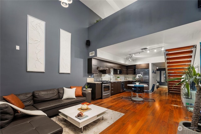 living room with dark hardwood / wood-style flooring, sink, and a high ceiling