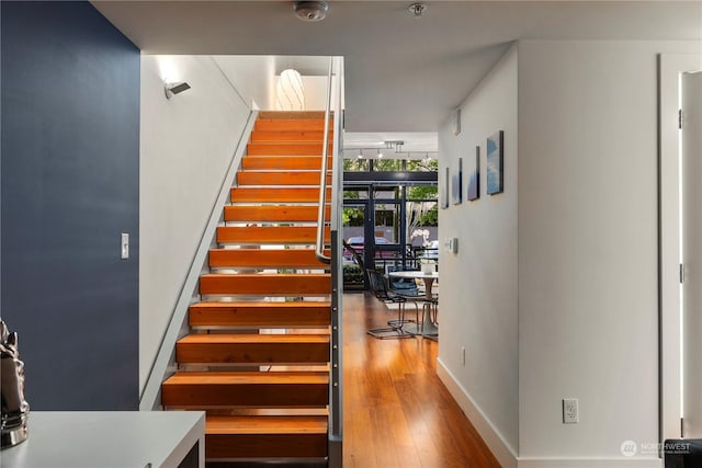 stairway with hardwood / wood-style floors