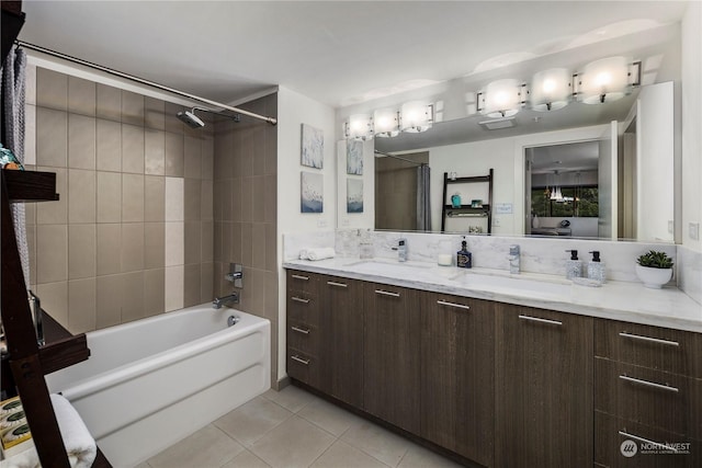 bathroom featuring shower / tub combo with curtain, vanity, and tile patterned floors