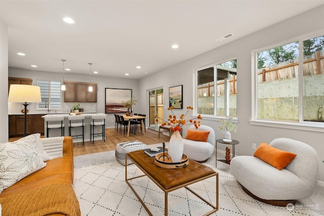 living room with a wealth of natural light and light wood-type flooring