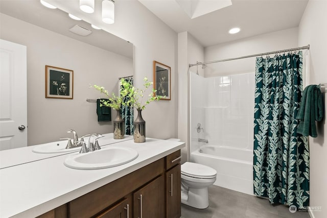 full bathroom with shower / bathtub combination with curtain, vanity, and toilet