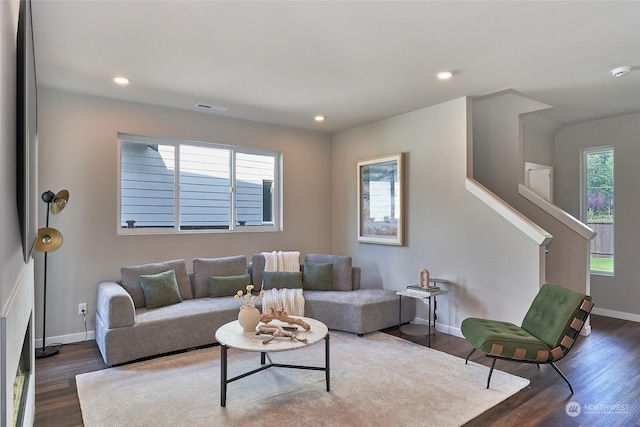 living room with dark hardwood / wood-style floors