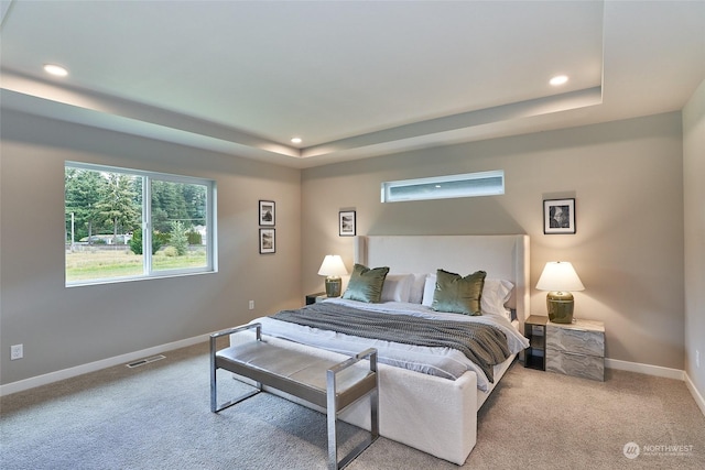 carpeted bedroom featuring a raised ceiling