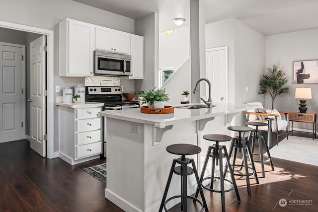 kitchen with white cabinetry, stainless steel appliances, dark hardwood / wood-style flooring, and sink