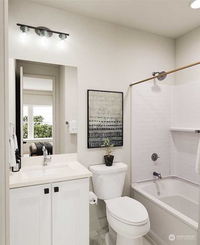 full bathroom with vanity, washtub / shower combination, and toilet