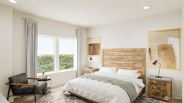 bedroom with dark colored carpet