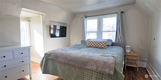 bedroom with lofted ceiling and hardwood / wood-style floors