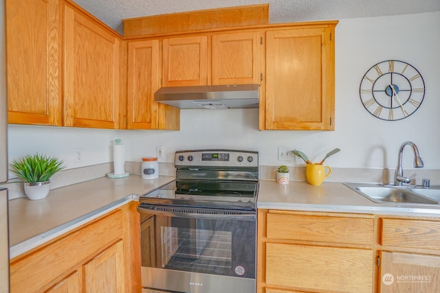 kitchen with ventilation hood, sink, stainless steel range with electric cooktop, and light brown cabinets