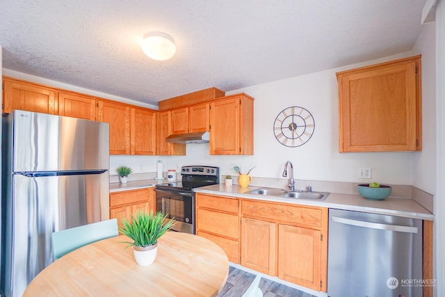 kitchen featuring stainless steel appliances, sink, a textured ceiling, and light hardwood / wood-style floors