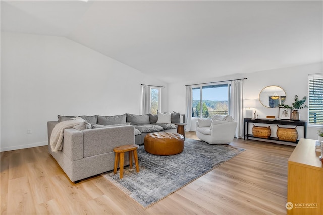 living room featuring vaulted ceiling and light hardwood / wood-style floors