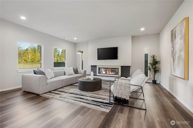 living room with dark wood-type flooring