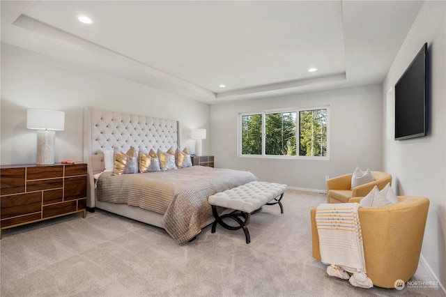 bedroom featuring light colored carpet and a raised ceiling