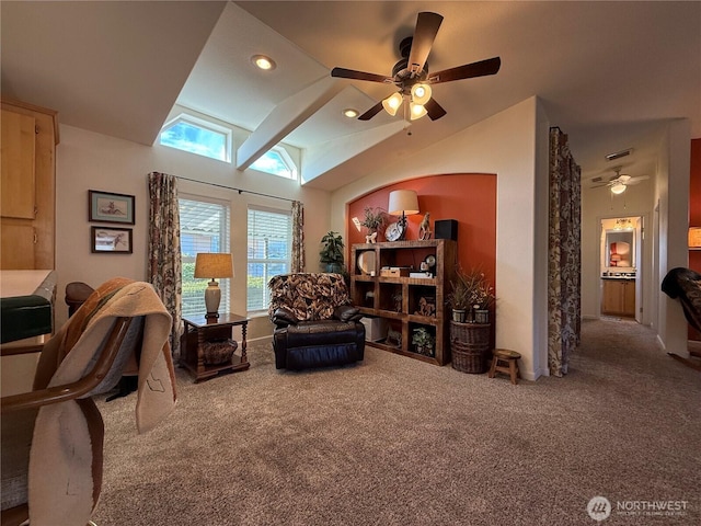 sitting room featuring lofted ceiling, carpet, and recessed lighting