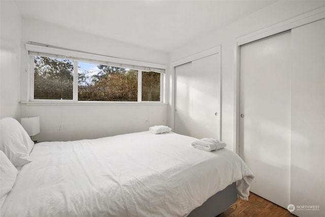 bedroom featuring dark wood-type flooring and two closets