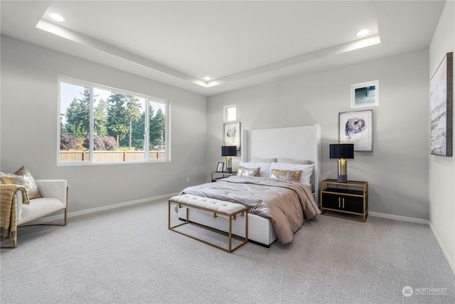 carpeted bedroom featuring a tray ceiling