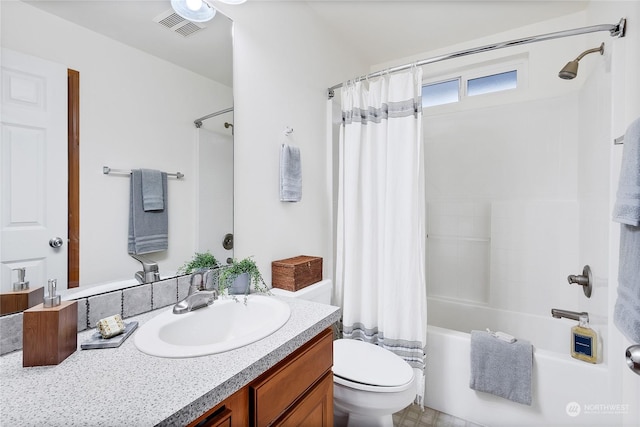 full bathroom with vanity, toilet, and shower / bathtub combination with curtain