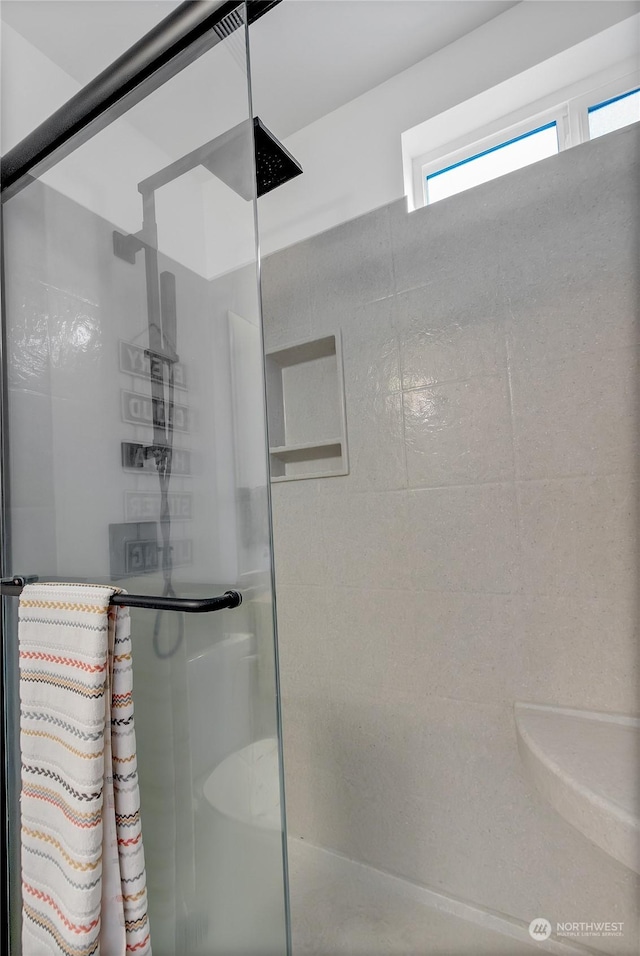 bathroom featuring a shower with shower door